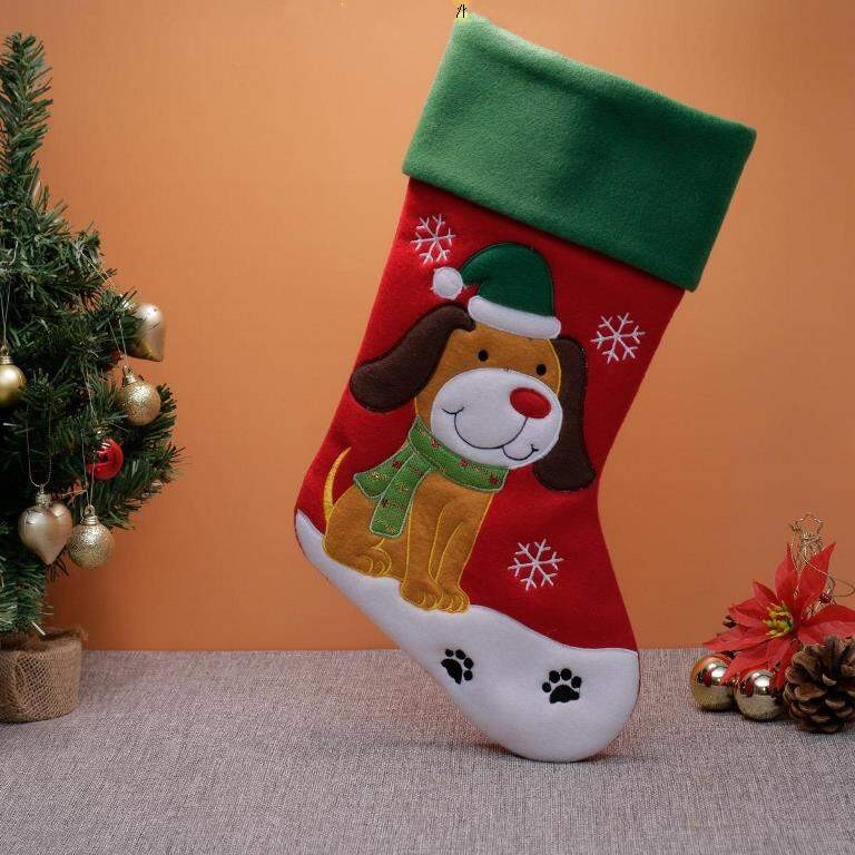 Plush Red Green Top Dog Christmas Stocking