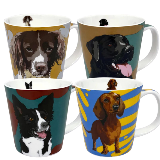 Set of 4 Quality Bone China Leslie Gerry Dog Mugs Collie, Springer, Lab & Dachshund