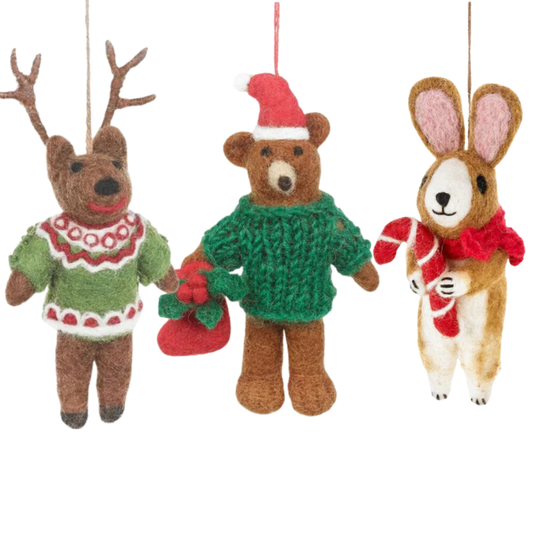 Set Of 3 Fair Trade Hand Felted Hanging Christmas Decorations Bear Rabbit Reindeer
