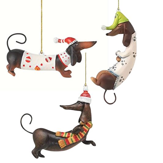 Set Of 3 Dachshund Christmas Tree Hanging Ornaments