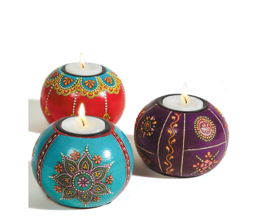Hand Painted Wooden Round Tealight Holder