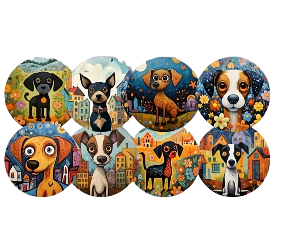 Whimsical Dog Coasters – Set of 8 Colourful Storybook Puppy Art