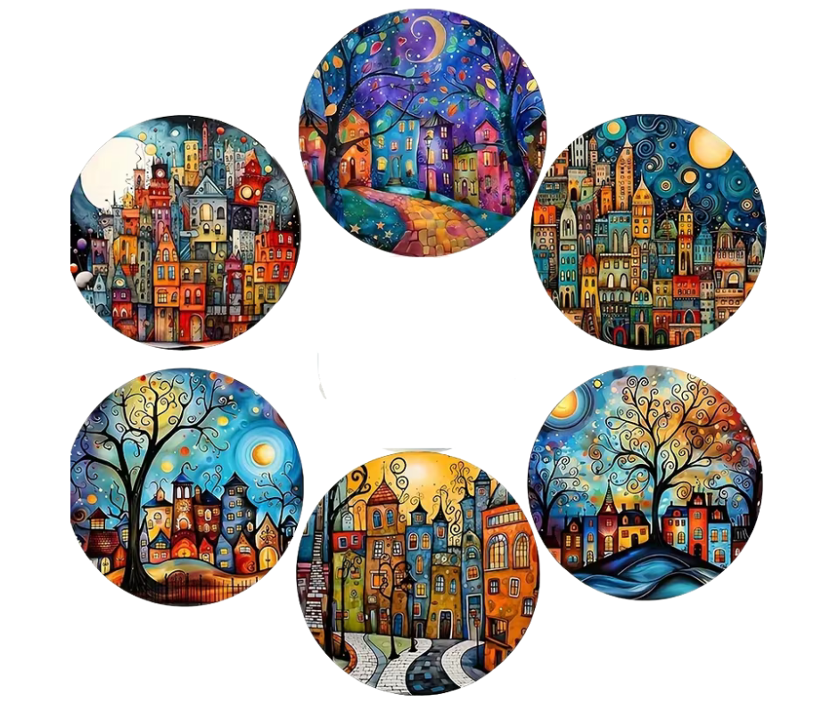 Whimsical City Night Coasters – Set of 6 Colourful Storybook Townscapes