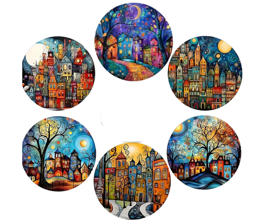 Whimsical City Night Coasters – Set of 6 Colourful Storybook Townscapes