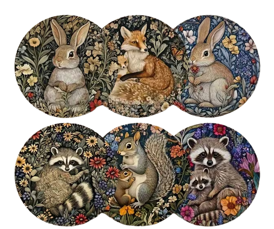 Woodland Wildlife Coasters – Set of 6  Fox, Rabbit, Raccoon & Forest Friends Art