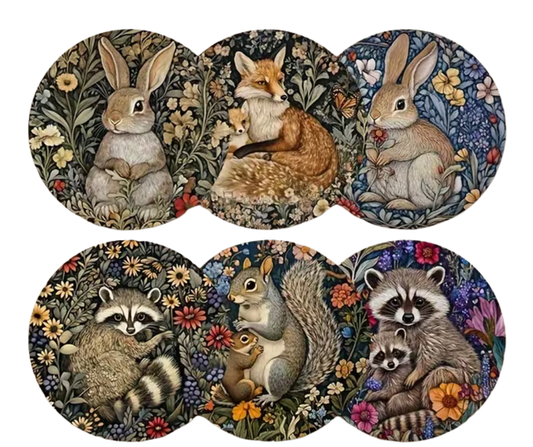 Woodland Wildlife Coasters – Set of 6  Fox, Rabbit, Raccoon & Forest Friends Art