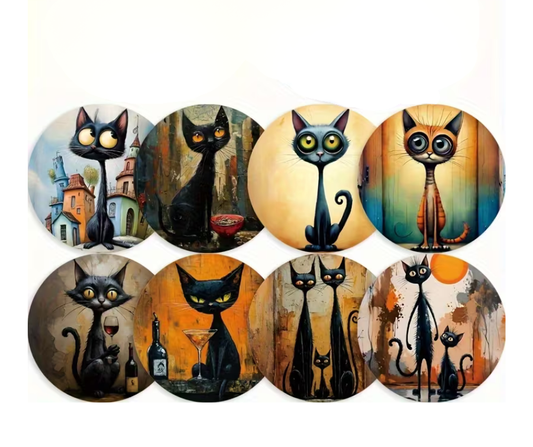 Modern Black Cat Art Coasters – Set of 8  Stylish Whimsical Feline Illustrations