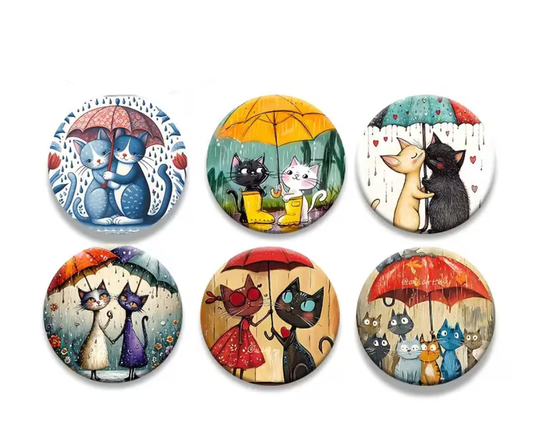 Rainy Day Love Cats Coasters – Set of 6 Whimsical Umbrella Cat Art