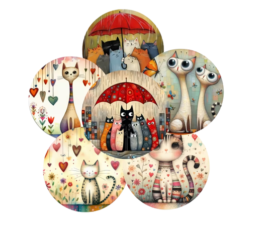 Whimsical Cat Coasters – Set of 6 Playful Feline Art with Hearts & Umbrellas