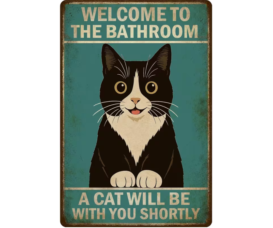 Welcome to the Bathroom Cat Metal Sign Funny Vintage-Style Wall Plaque