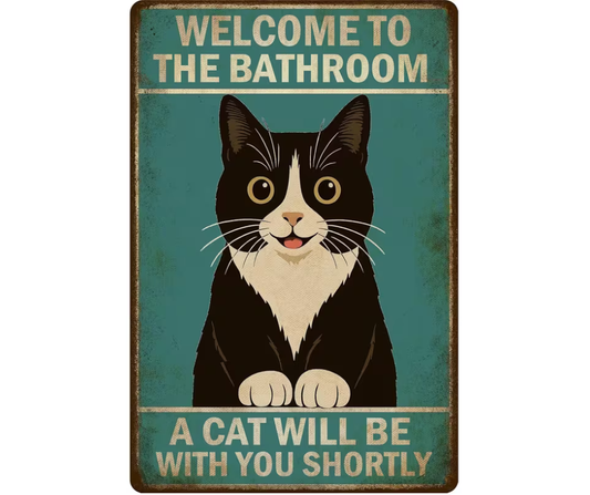 Welcome to the Bathroom Cat Metal Sign Funny Vintage-Style Wall Plaque