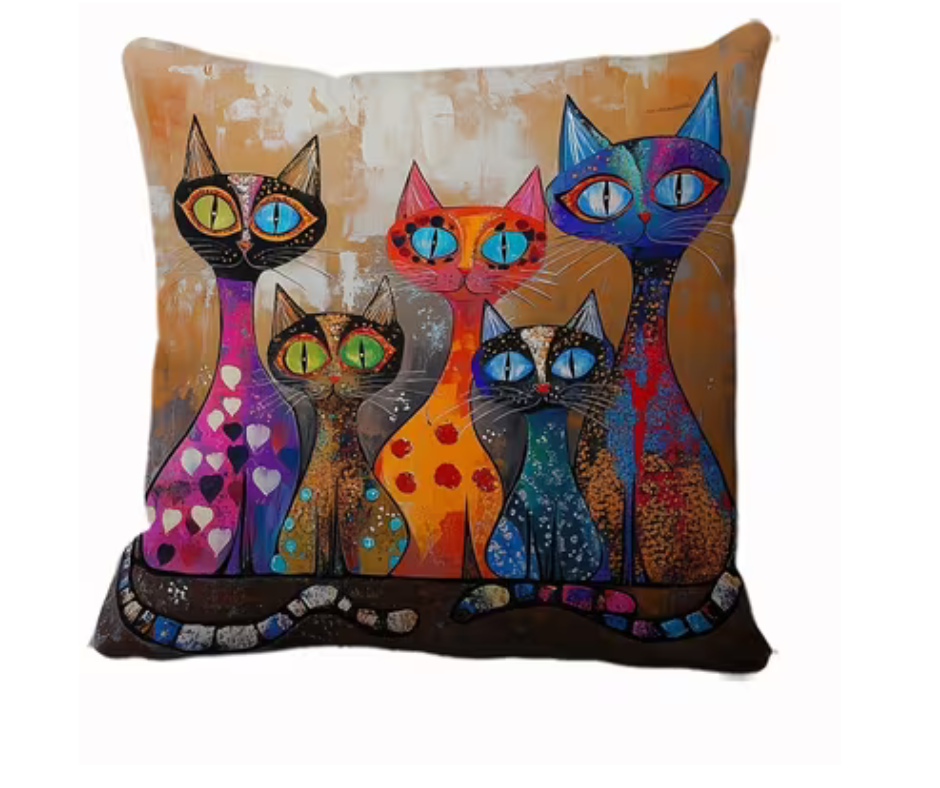 Colourful Folk Art Cat Cushion & Cushion Cover Whimsical Feline Home Décor