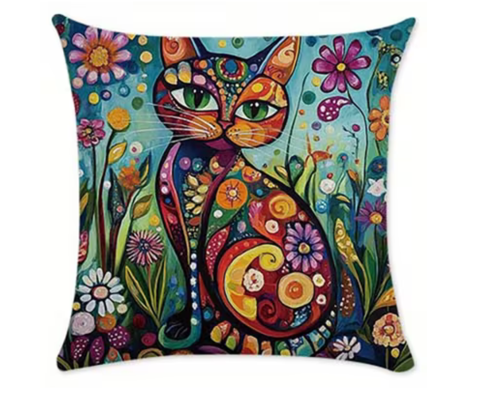 Colourful Floral Cat Cushion & Cushion Cover Vibrant Folk Art Feline Design