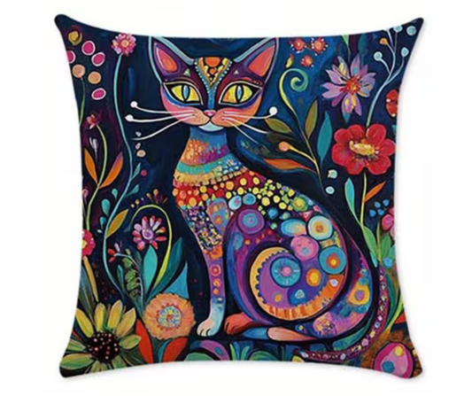 Colourful Floral Cat Cushion & Cushion Cover Vibrant Folk Art Feline Design