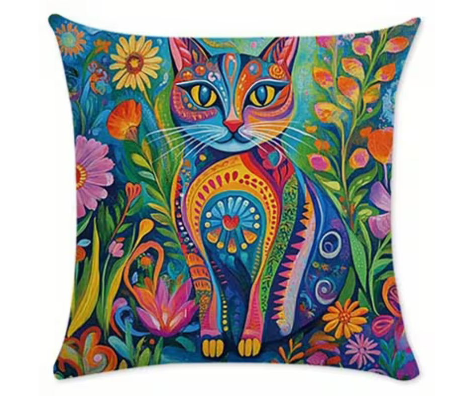 Colourful Floral Cat Cushion & Cushion Cover Vibrant Folk Art Feline Design
