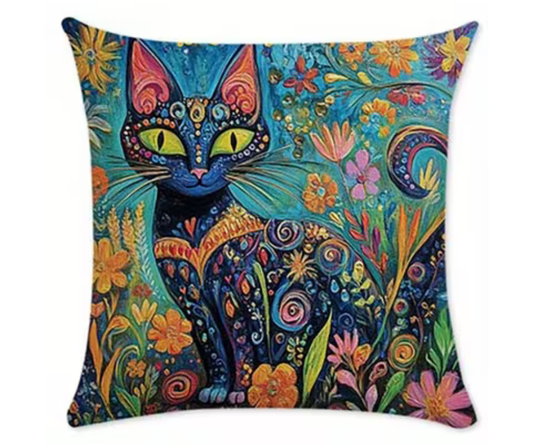 Colourful Floral Cat Cushion & Cushion Cover Vibrant Folk Art Feline Design