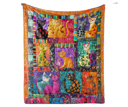Colourful Cat Throw Blanket Whimsical Quilted Feline Design