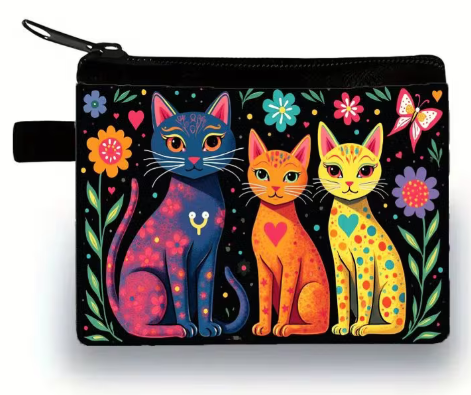 Colourful Cat Zip Pouch  Small Coin & Accessory Bag with Folk Art Feline Design