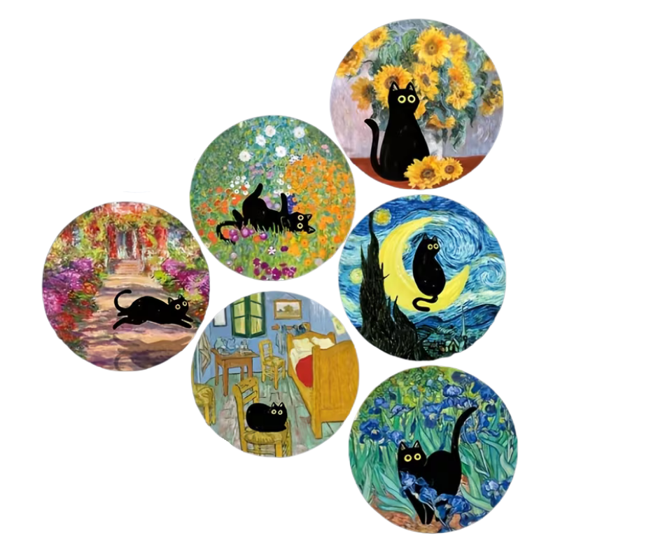 Van Gogh-Inspired Black Cat Coasters  Set of 6 Artistic Feline Home Décor