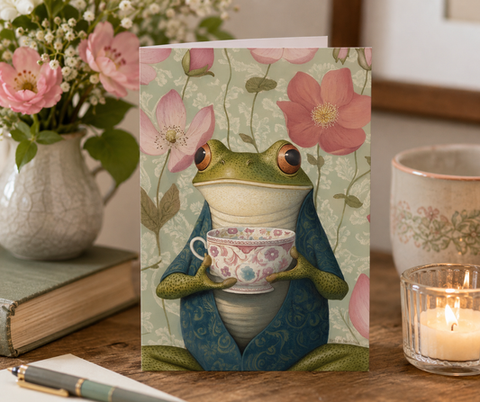 Dog Desk Tea-time Animals Frog Deluxe Greeting Card