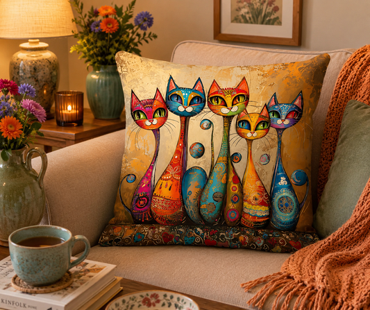 Colourful Folk Art Cat Cushion & Cushion Cover Whimsical Feline Home Décor