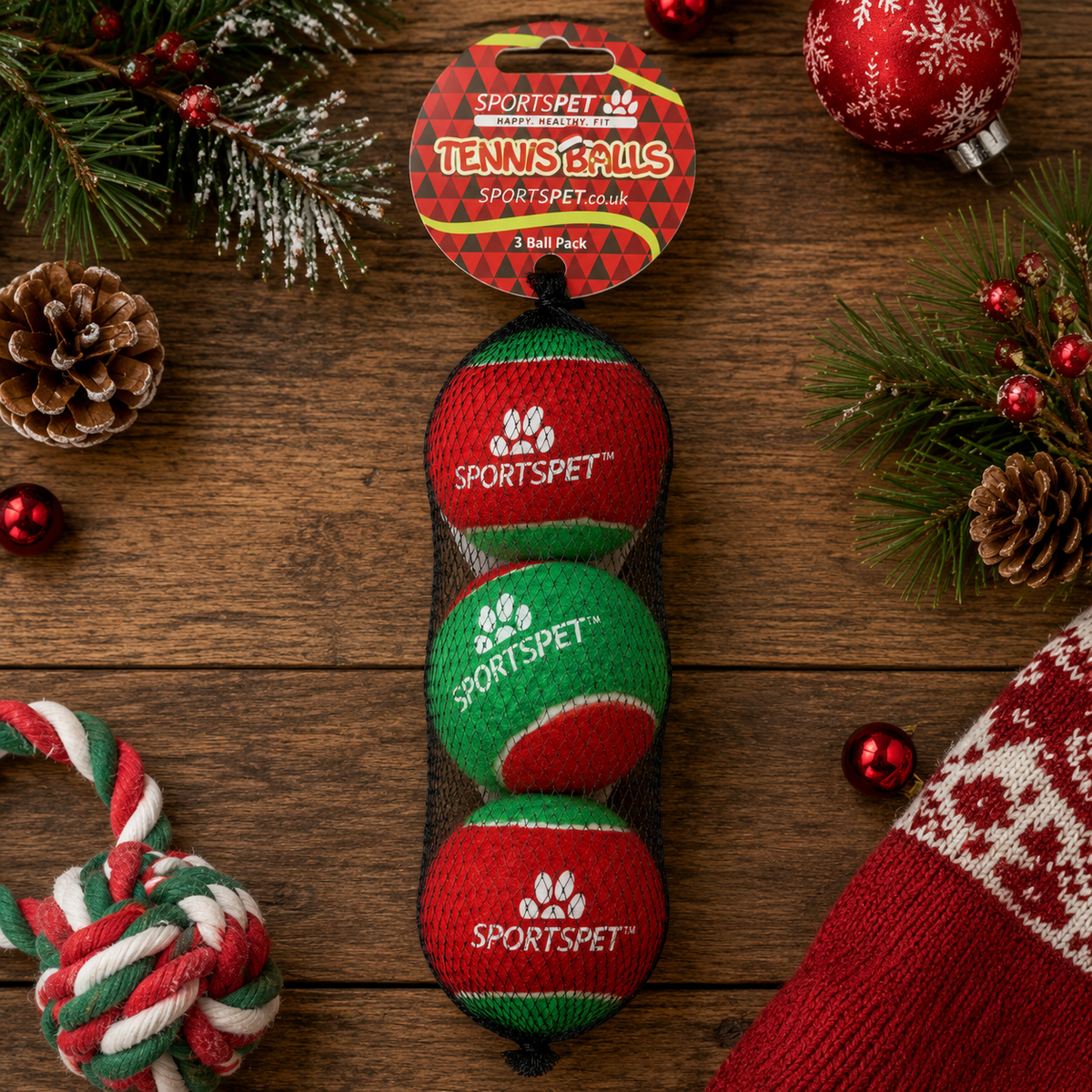 Sportspet Christmas Dog Tennis Balls Red/Green 3 Pack
