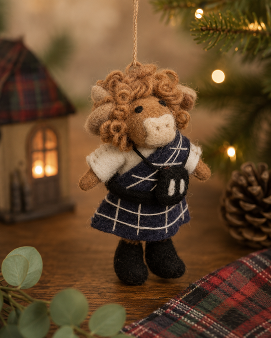 Fairtrade Handmade Felt Haggis the Highland Cow Hanging Decoration