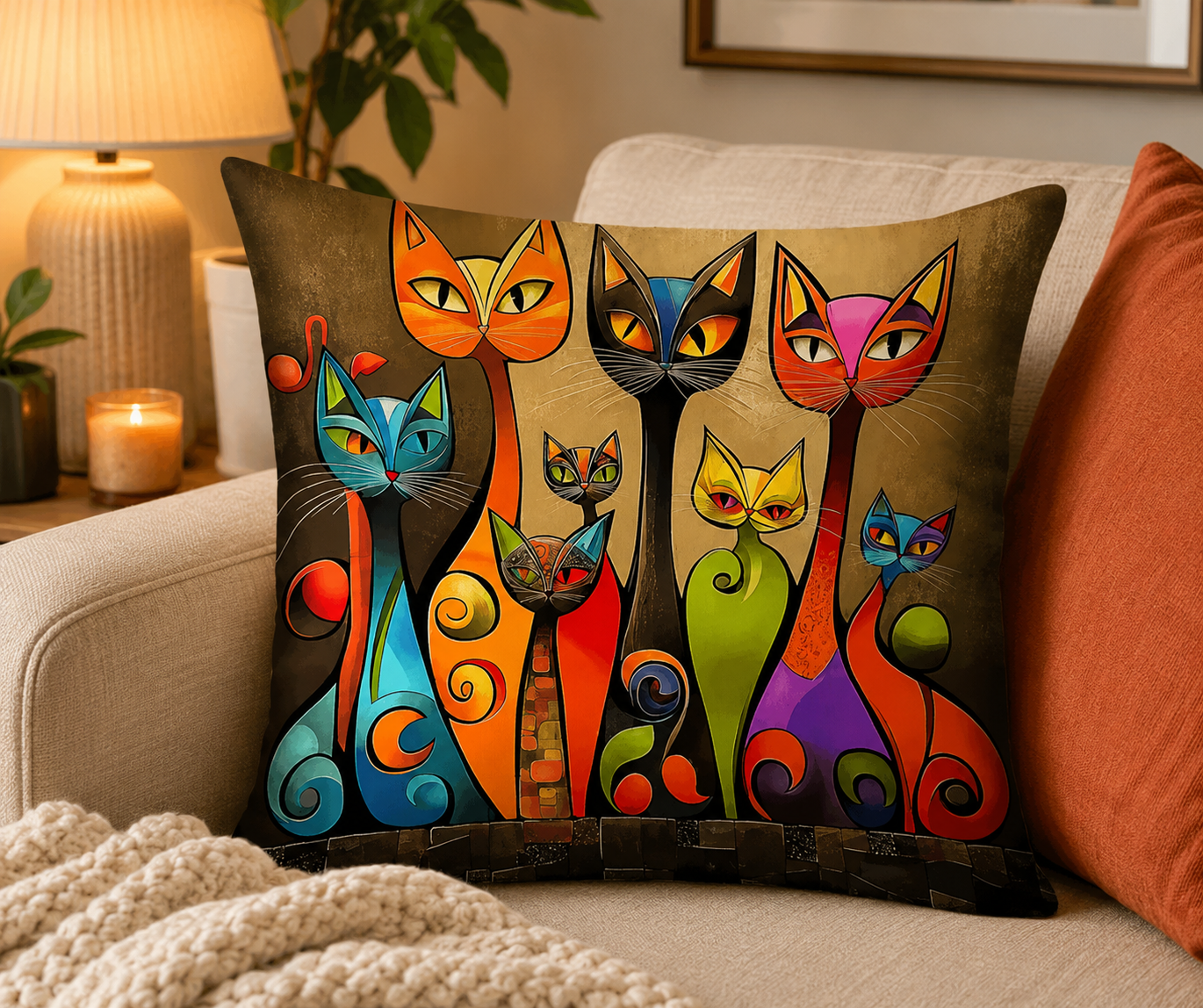 Modern Abstract Cat Cushion & Cushion Cover  Colourful Contemporary Feline Art