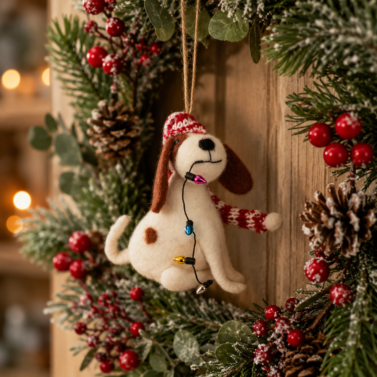 Dog with Fairy Lights Felt Decoration
