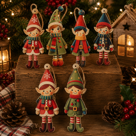 Wooden Christmas Elf Tree Ornaments – Set of 6 Festive Hanging Decorations