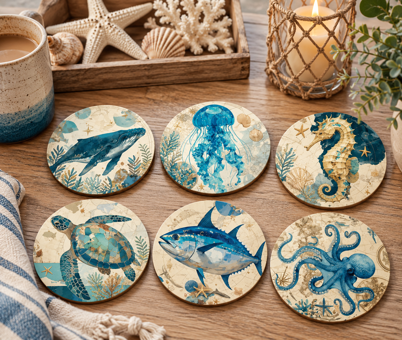 Ocean Life Coasters – Set of 6  Whales, Turtles, Jellyfish & Sea Creatures Art