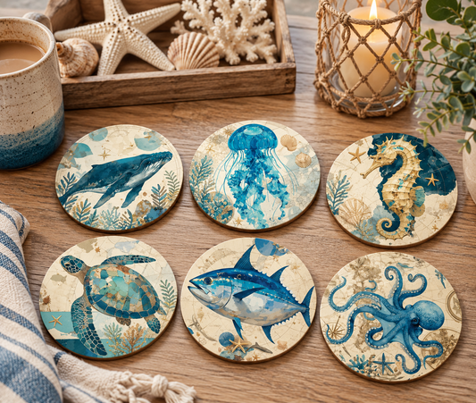 Ocean Life Coasters – Set of 6  Whales, Turtles, Jellyfish & Sea Creatures Art