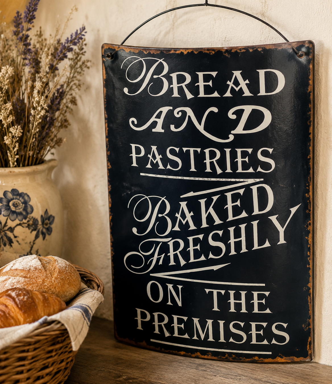 Bread & Pastries Baked On The Premises Distressed Curved Metal Hanging Sign