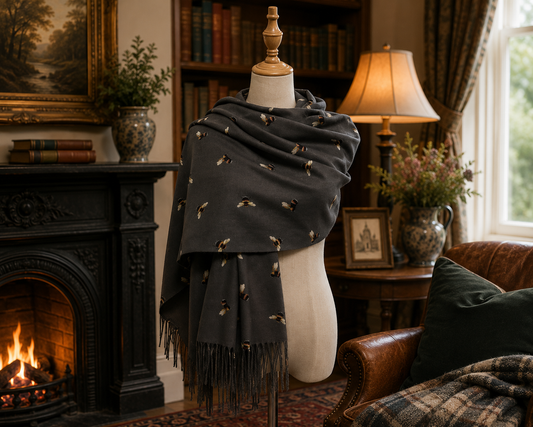 Bumble Bee Print Tassel Scarf Grey