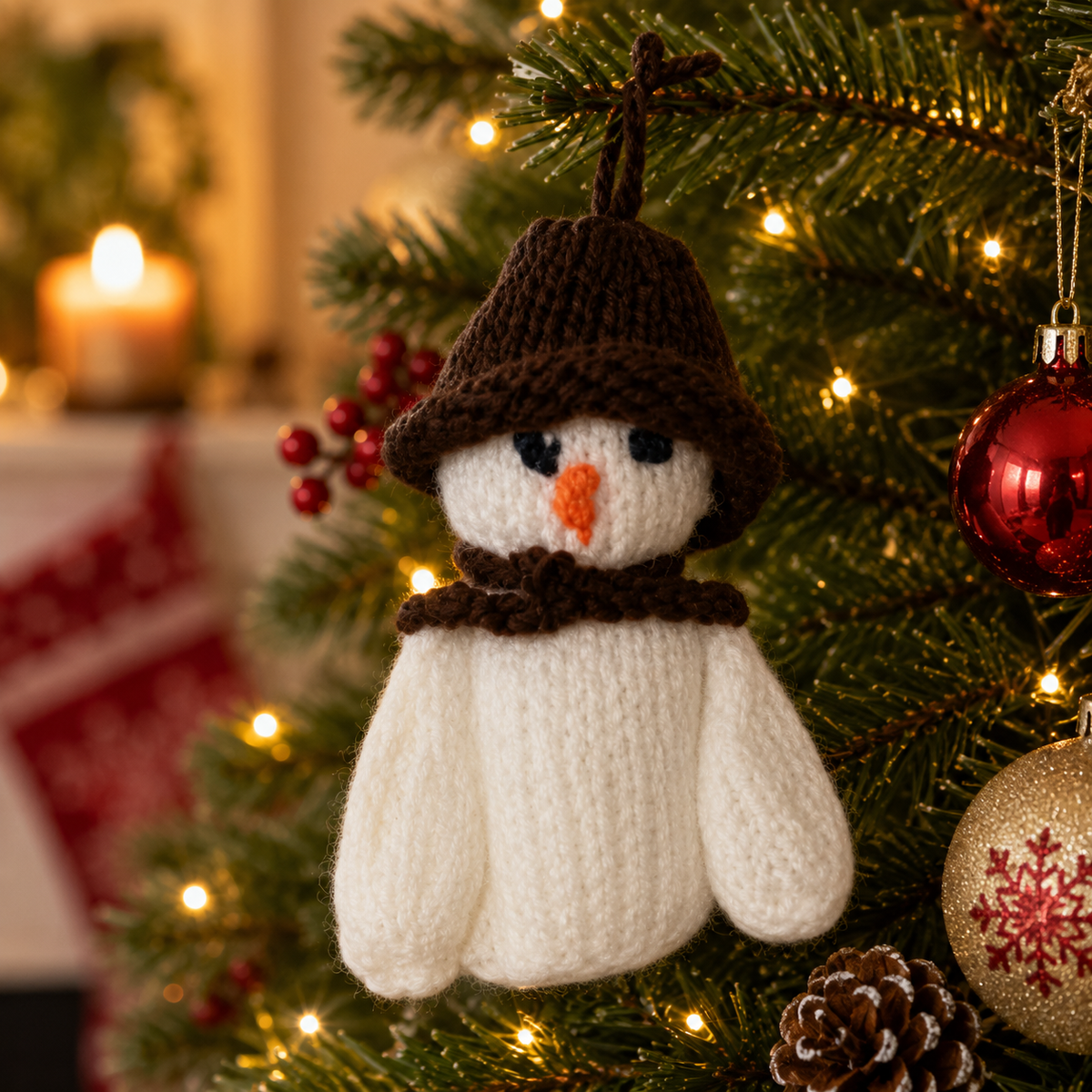 Hand Knitted Snowman With Brown Hat Christmas Tree Decoration