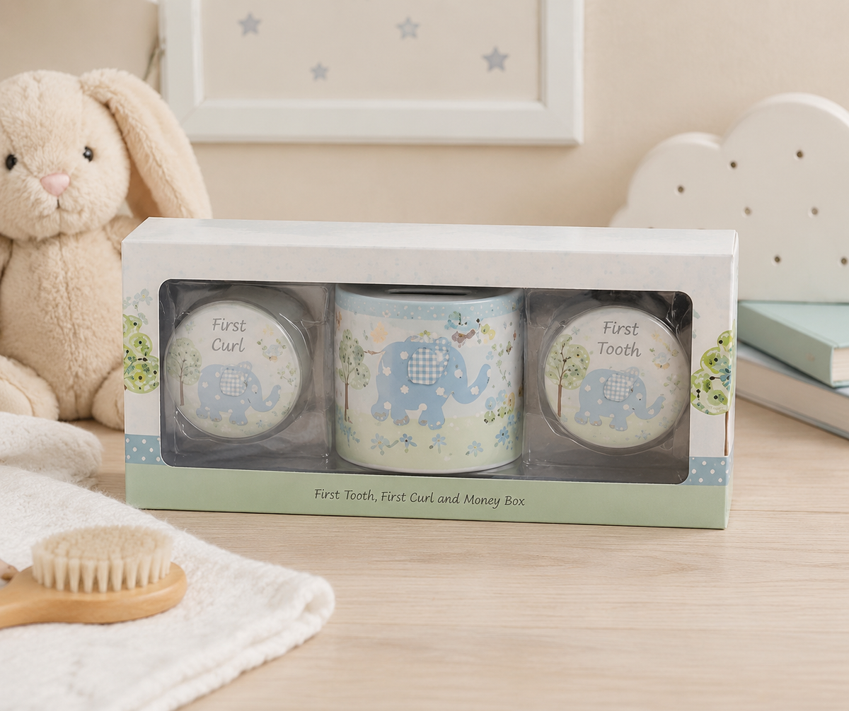 Bird & Ellie Money Box First Tooth & First Curl Baby Present Christening Gift