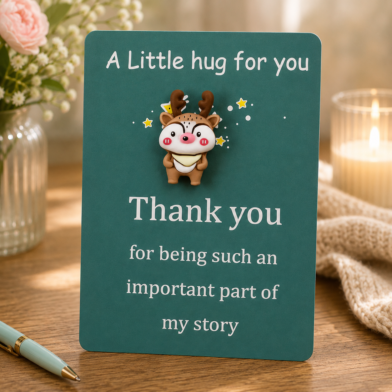 A Little Hug for You – Thank You Card with Cute Reindeer Charm