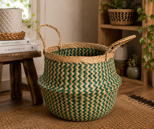 Teal Zig Zag Weave Seagrass Basket