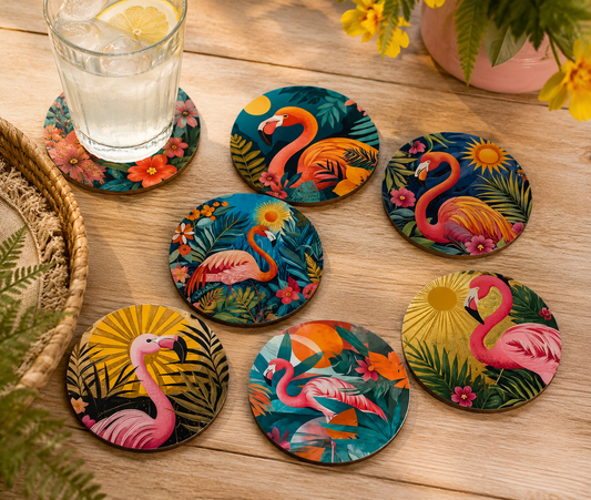 Tropical Flamingo Coasters – Set of 6 Vibrant Exotic Bird Art