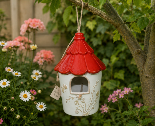 Red Ornamental Hand Painted Ceramic Hanging Garden Bird House