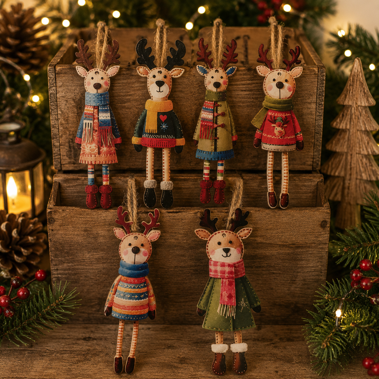 Wooden Reindeer Christmas Tree Ornaments – Set of 6 Festive Hanging Decorations
