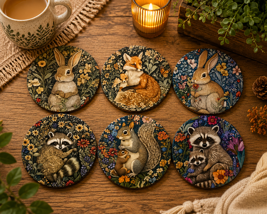 Woodland Wildlife Coasters – Set of 6  Fox, Rabbit, Raccoon & Forest Friends Art
