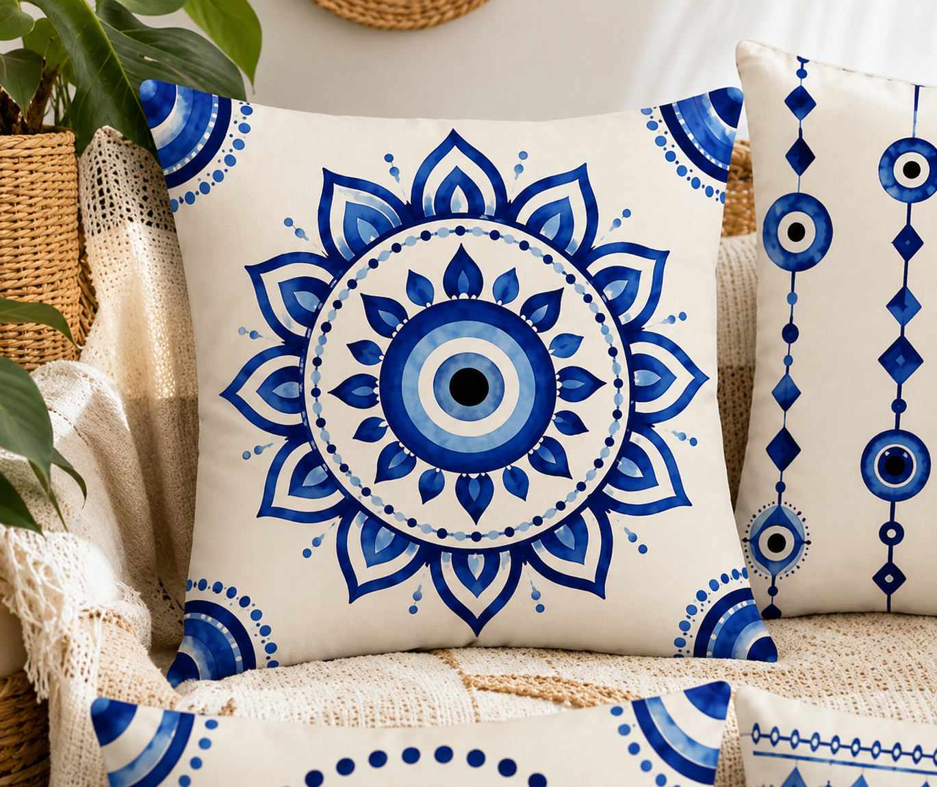 Mediterranean Blue Evil Eye Cushion – 40cm Pre-order