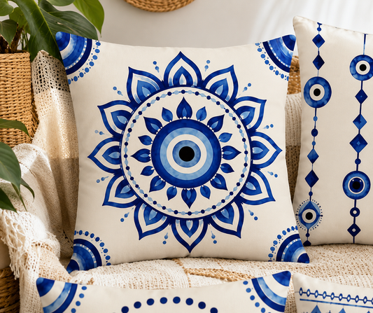 Mediterranean Blue Evil Eye Cushion – 40cm Pre-order
