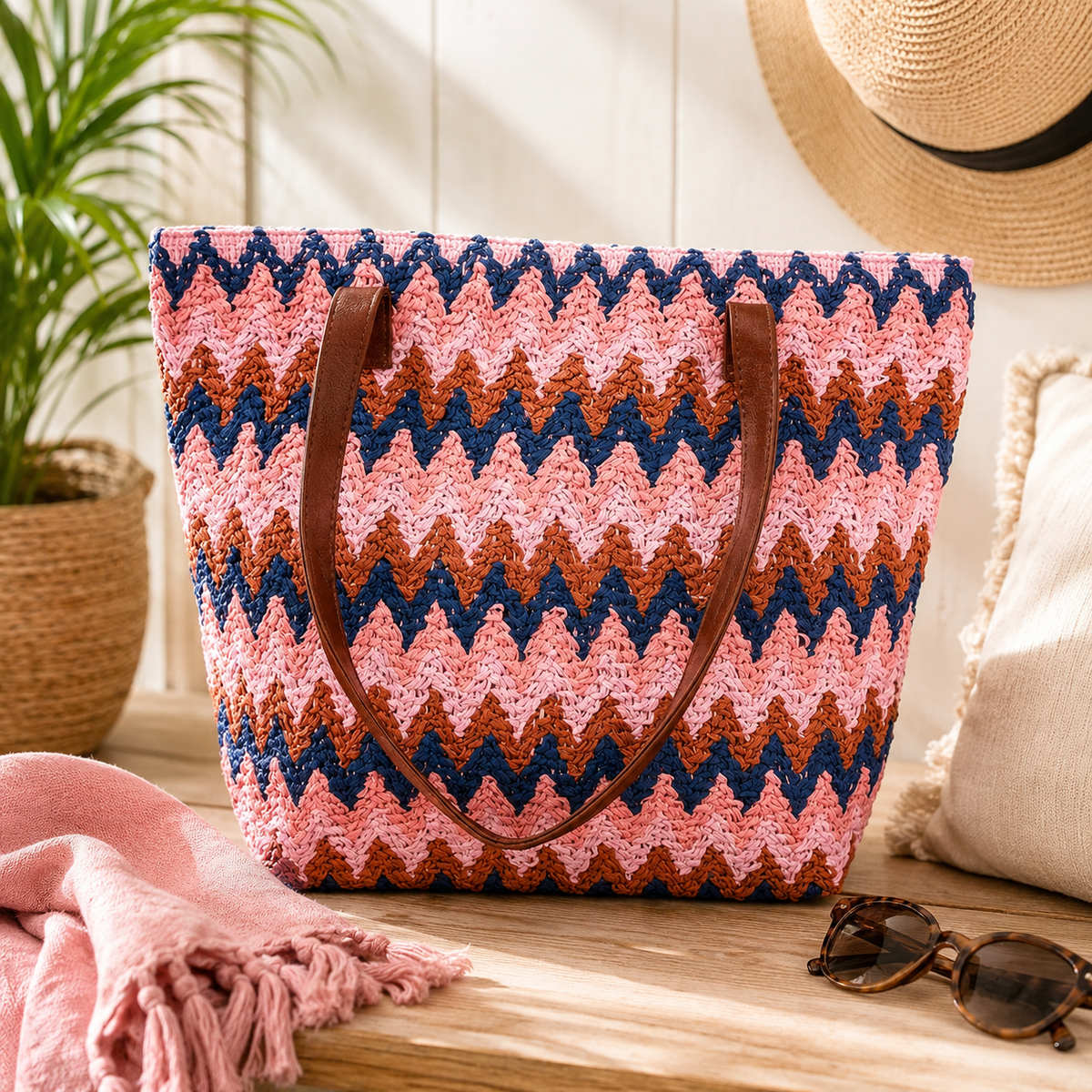 Ladies Women's Woven ZigZag Tote Bag Pink Blue