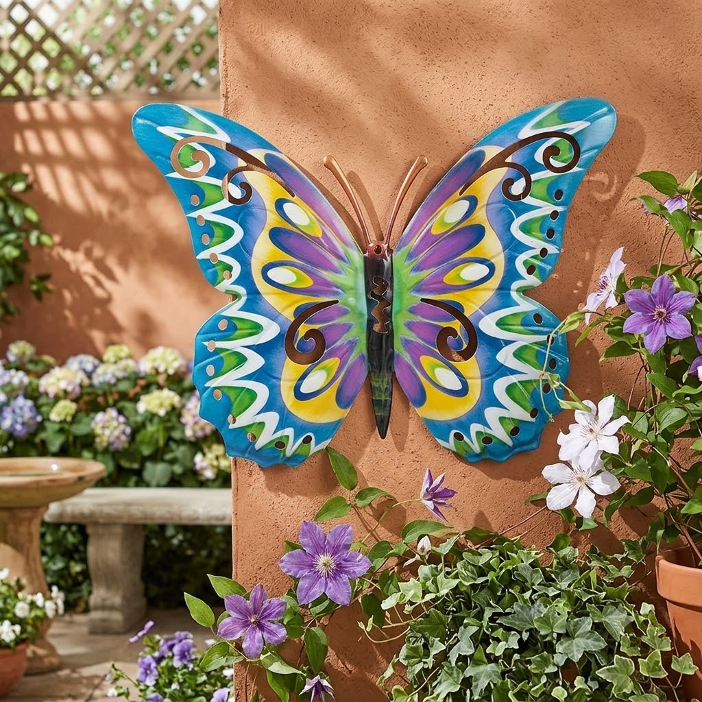 Metallic Garden Colourful Butterfly Wall Art Ornament  Blue
