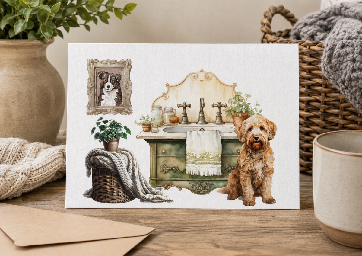 Dog Desk Doodle In The Bathroom Deluxe Card