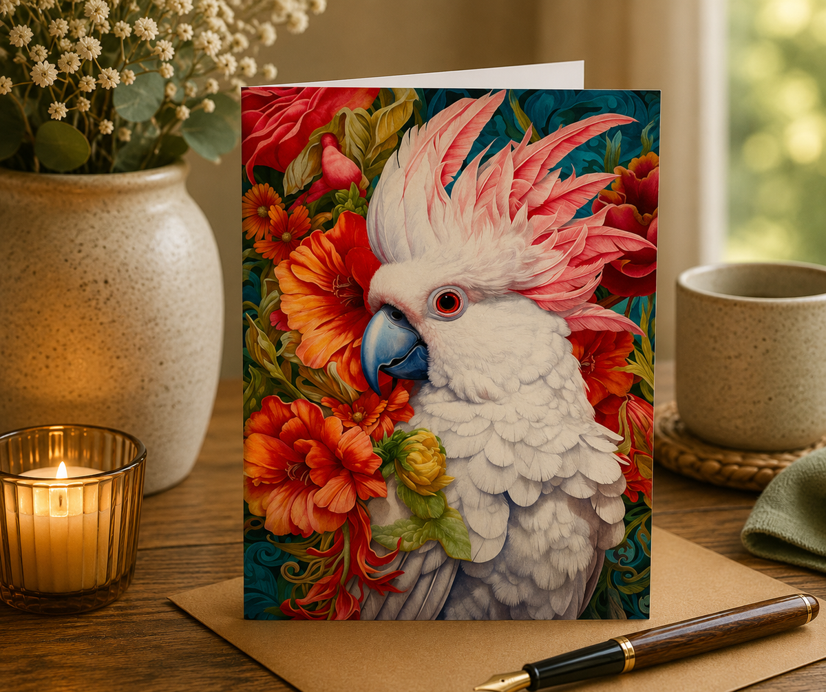Dog Desk Tropical Birds Cockatoo Deluxe Greeting Card