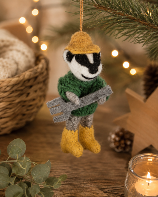 Fairtrade Handmade Felt Boris the Gardening Badger Hanging Decoration
