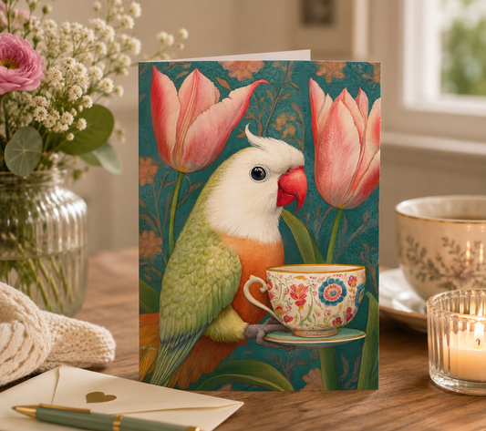 Dog Desk Tea-time Animals Parrot Deluxe Greeting Card